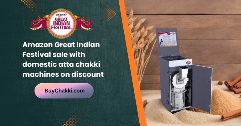 Atta chakki machines displayed with Amazon sale offers and discount tags.