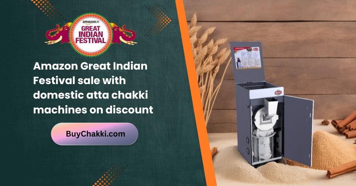 Atta chakki machines displayed with Amazon sale offers and discount tags.