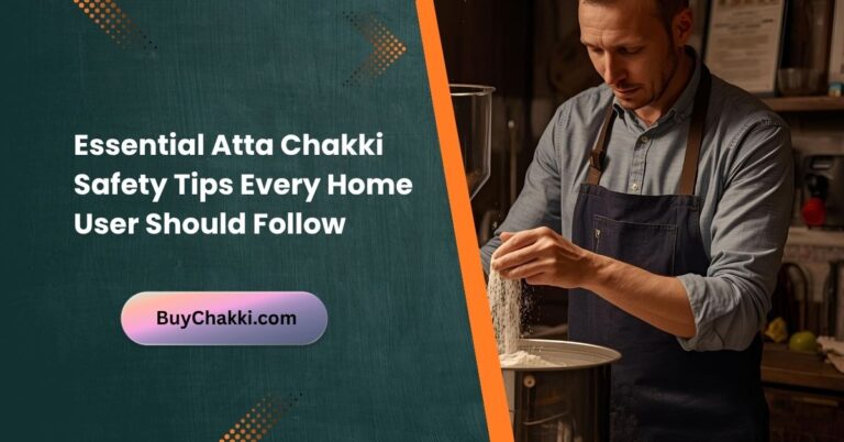 Woman safely operating a domestic atta chakki at home with clean, dry surroundings.