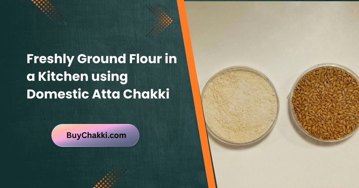 Freshly ground flour in a kitchen using domestic atta chakki