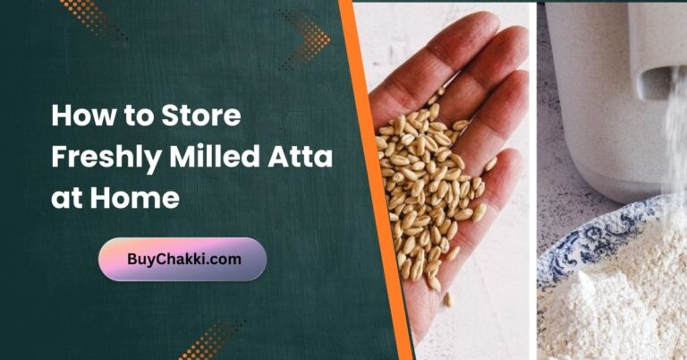 Freshly milled wheat flour stored in an airtight glass container in kitchen