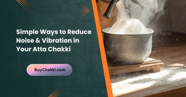 Domestic atta chakki on anti-vibration mat in an Indian kitchen, showing quiet operation setup.