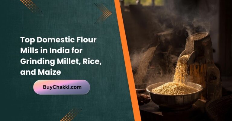 Modern home flour mill with bowls of millet, rice, and maize grains on a kitchen counter.