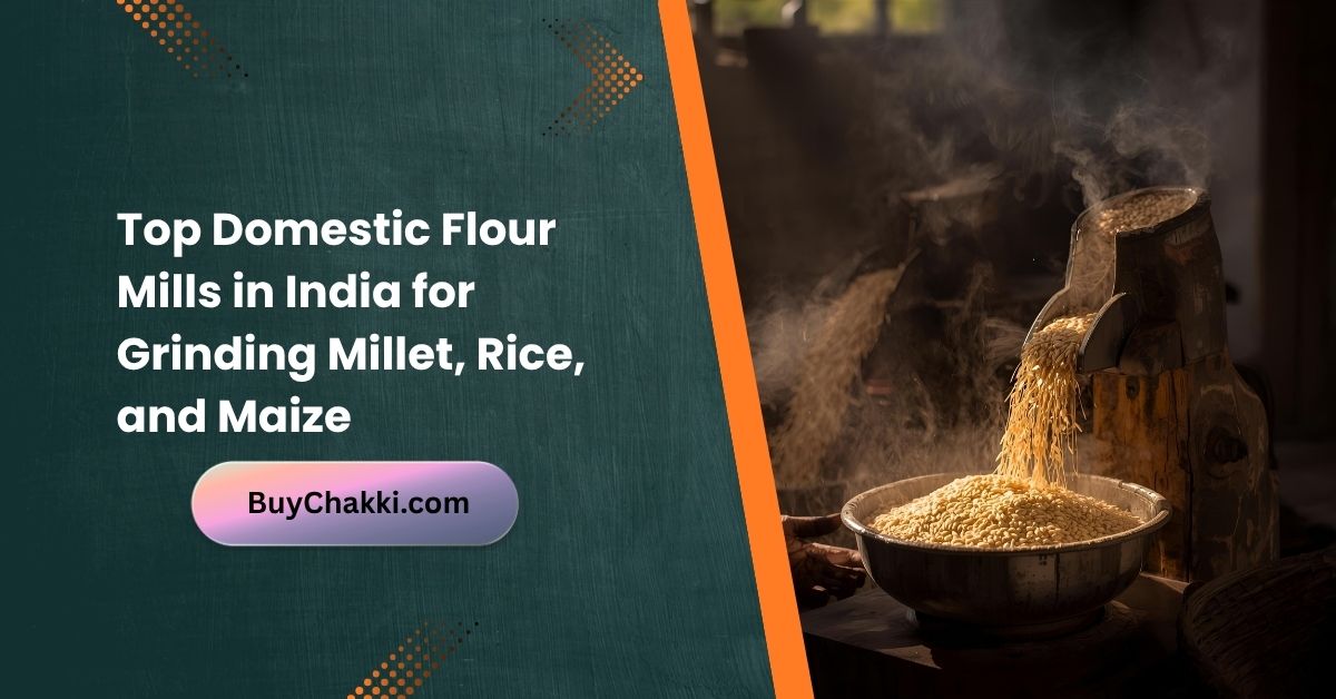 Modern home flour mill with bowls of millet, rice, and maize grains on a kitchen counter.