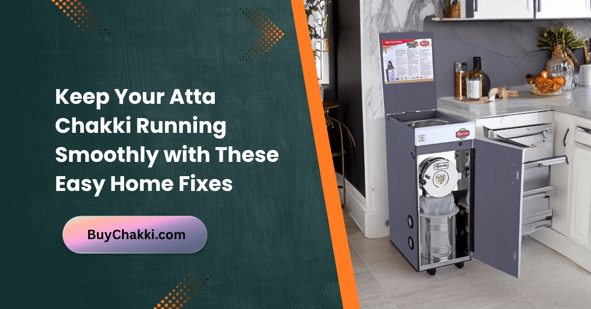 Woman checking her atta chakki machine at home for maintenance or troubleshooting