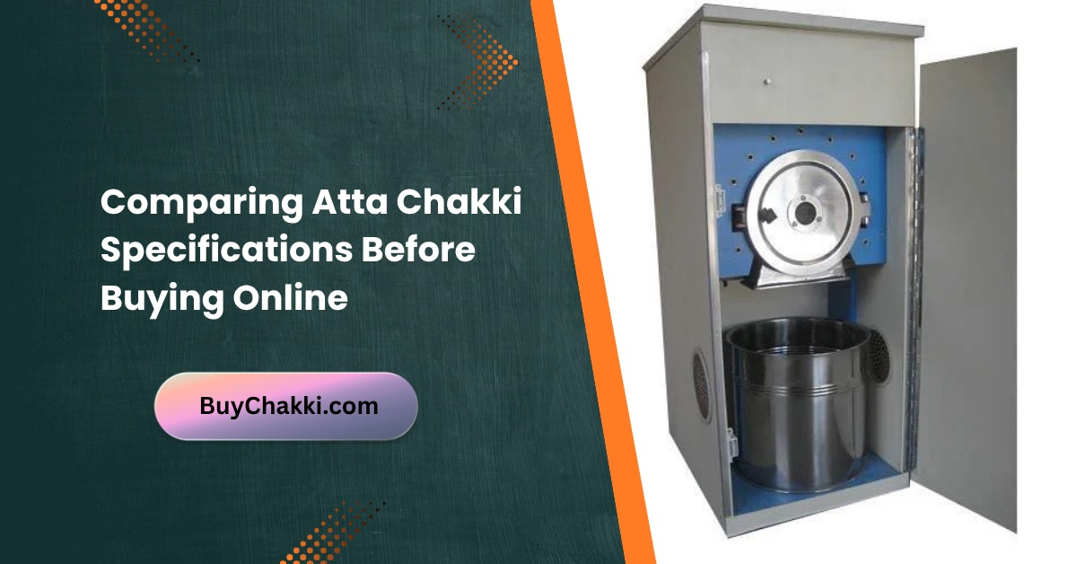 Woman comparing atta chakki features and specifications before buying online