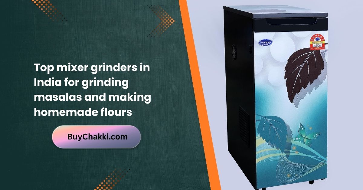 Assorted mixer grinders on a kitchen counter with masala jars and flour ingredients.